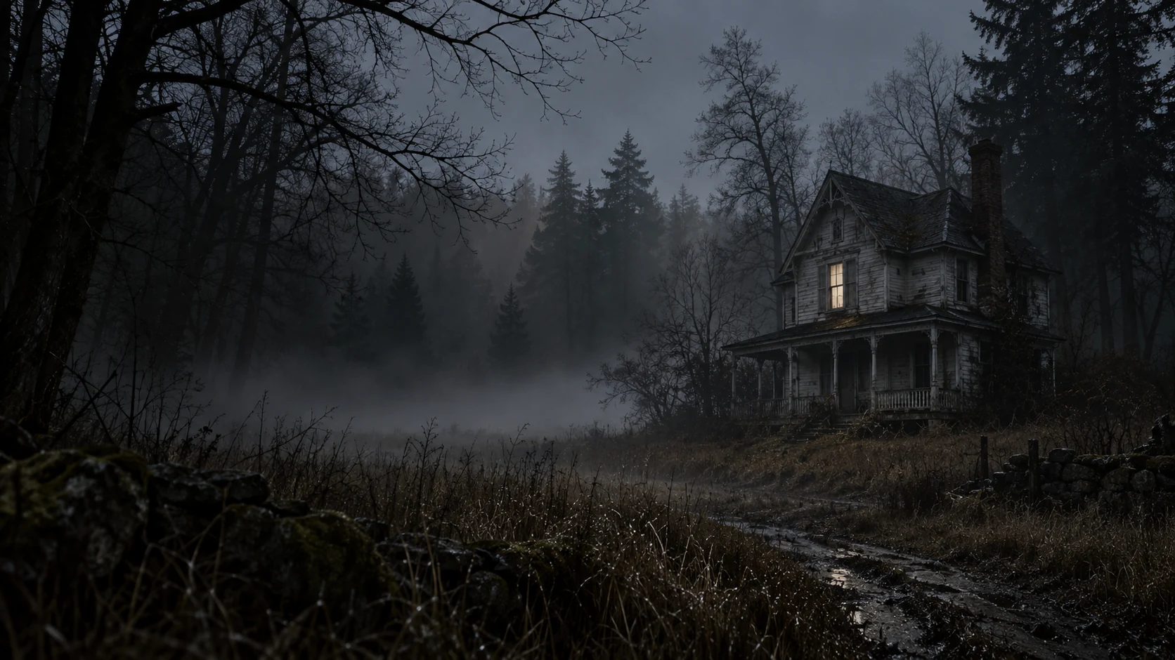 An isolated house at dusk, one window still lit.