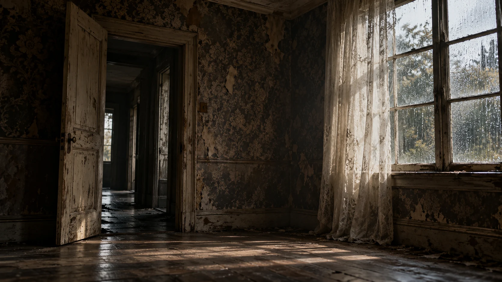 Rain at the window of an empty room, a door left open to a dark corridor.